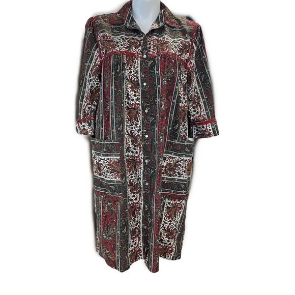 Size 16 Models Coat Vintage Womens Snap Up House Coat Dress Brown Print Pockets - Picture 1 of 12